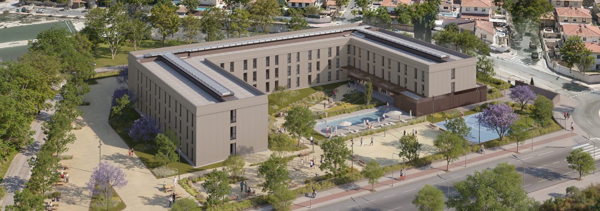 Exterior birds eye view of Nolia student accommodation building in Alicante