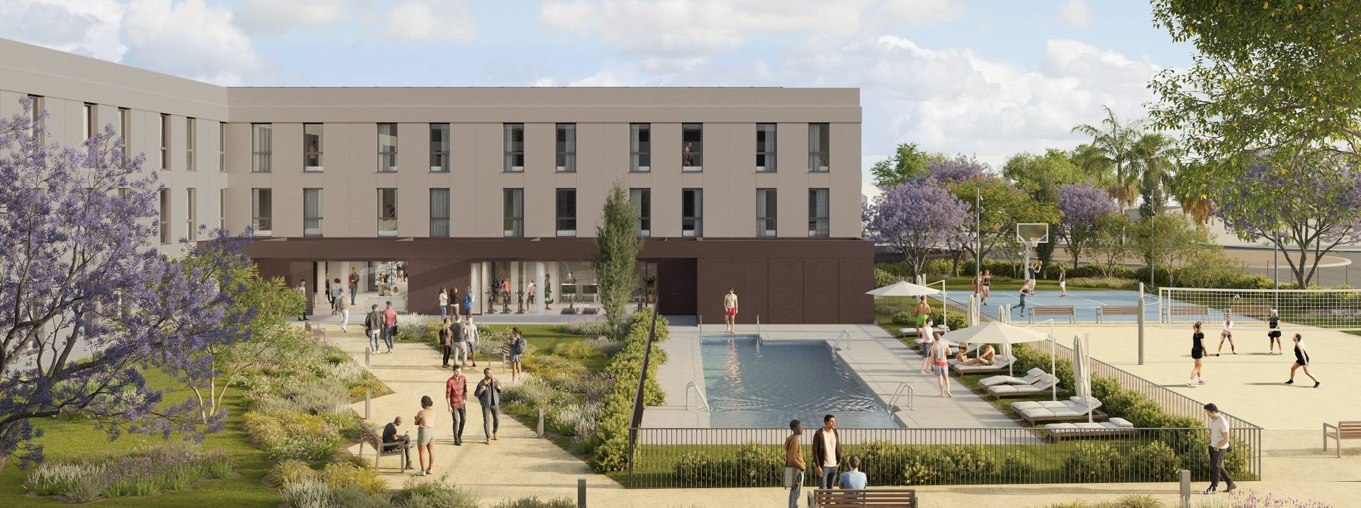 Exterior frontal view of Nolia student accommodation building in Alicante